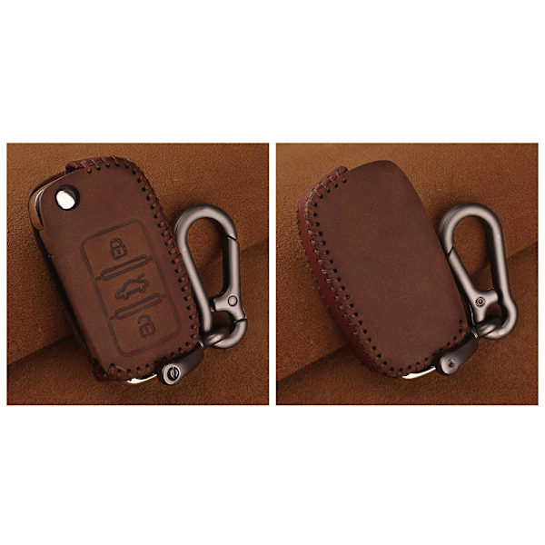 Nyckelkarbinhake i äkta läder med 3 knappar till Volkswagen Brown 3 button brown