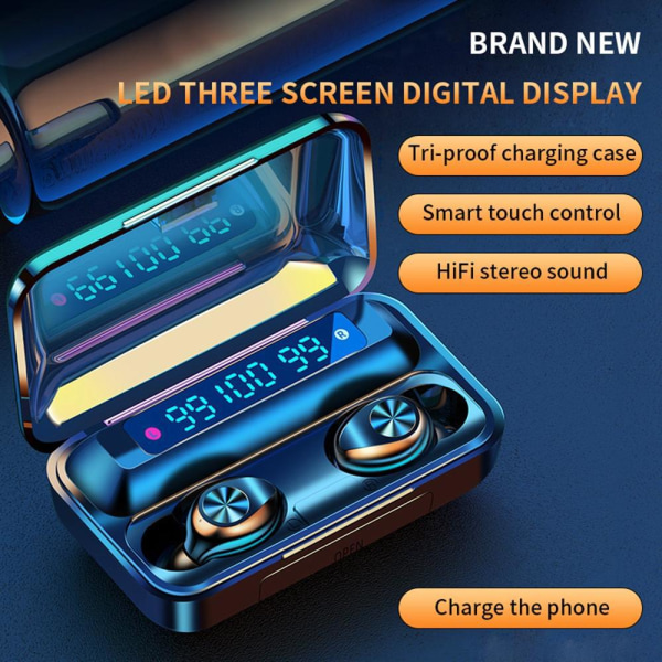 F9-10 TWS trådlös Bluetooth 5.0-hörlurar laddningsbox Svart one size