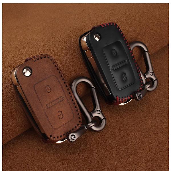 Nyckelkarbinhake i äkta läder med 2 knappar till Volkswagen Brown 2 button brown