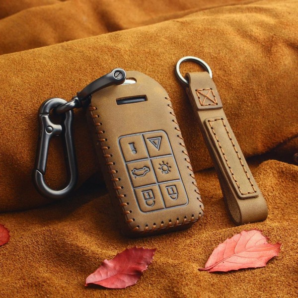 Bilnyckelväska i äkta läder karbinhake för Volvo Brown Brown 6 button