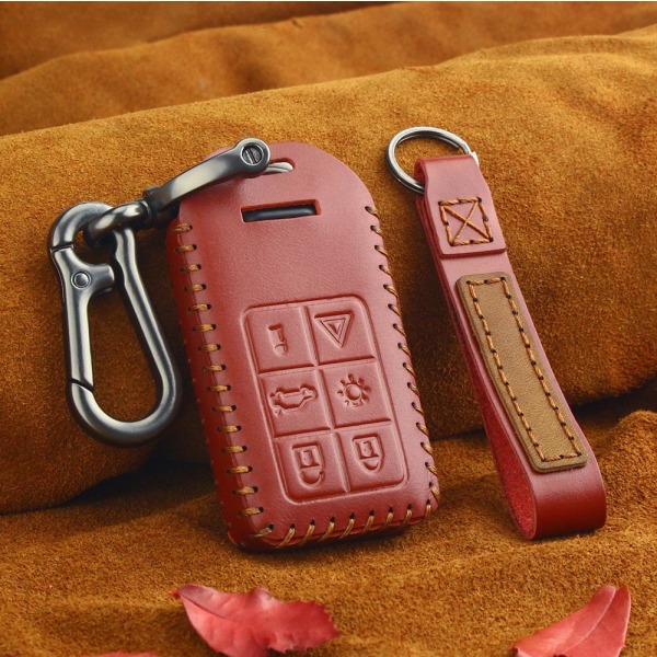 Bilnyckelväska i äkta läder karbinhake för Volvo Red Red 6 button