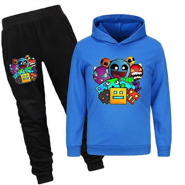 Geometry Dash Forår og Efterår Drenge og Piger Sweater+Bukser Sæt blue 160