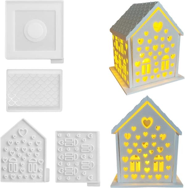 Silikonformer Støpeformer 3D Hus Silikonform, Hus 3D DIY Silikonform Hus Støpeformer Hus Lysestake Gips for Støping