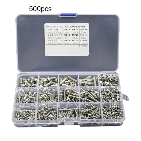500 stk. M3 M4 M5 Rustfritt Stål Knapphode Sekskant Socket Cap Bolter Skruer Muttere Sett