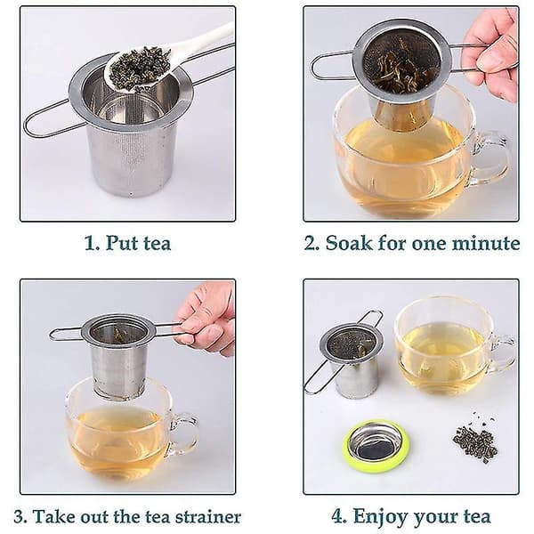 Te-infuser i rustfritt stål, te-sil med sammenleggbart håndtak, tefilter med ekstra fintmasket silkurv