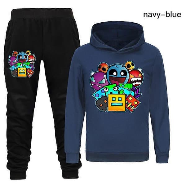 Geometry Dash Forår og Efterår Drenge og Piger Sweater+Bukser Sæt Tibetan blue 150