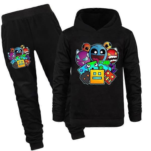 Geometry Dash Forår og Efterår Drenge og Piger Sweater+Bukser Sæt black 150