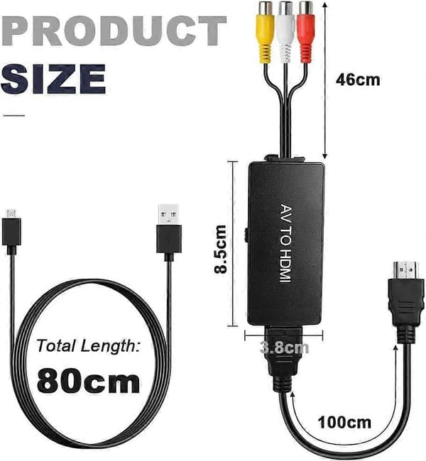 2 stk. RCA til HDMI-konverter med HDMI-kabel, RCA til HDMI-adapter, AV til HDMI