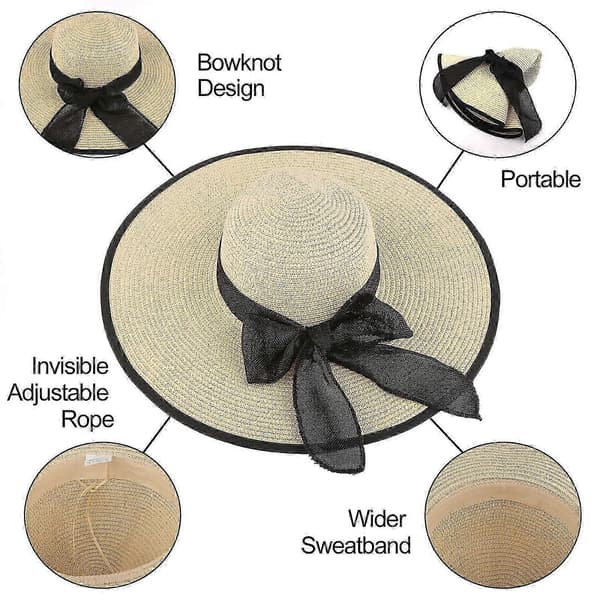 Dame Solhat i Strå, Stor Bred Skygge UPF 50+ (Beige)