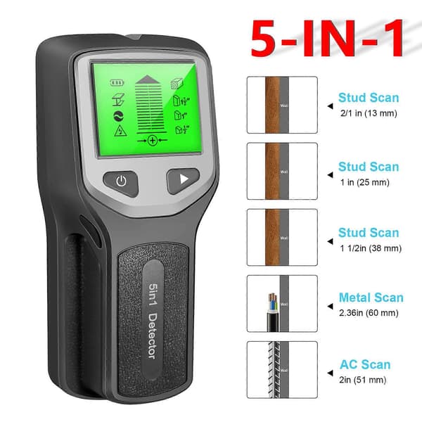 5-i-1 Digital Stud Finder Træ Metal Rør Ledning Væg Sensor Scanner LCD Detektor Black