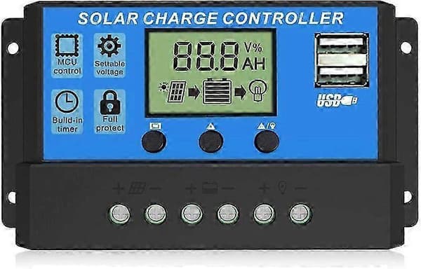 Solcellebatterikontrollerlader, 10a, med LCD-skjerm