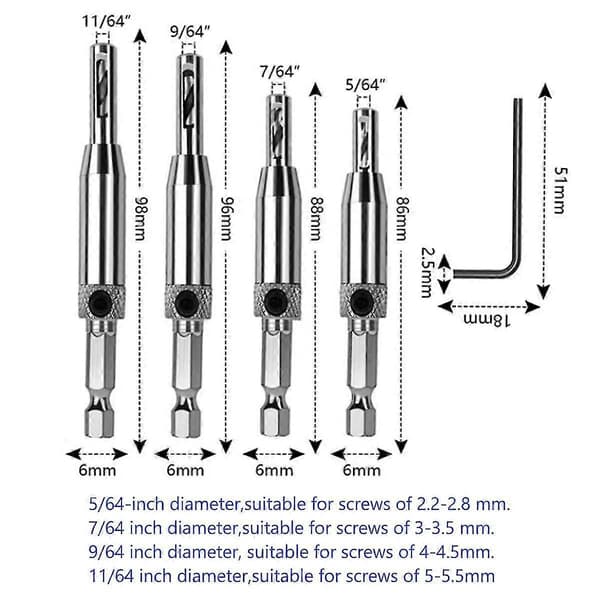 Stykker Hængsel Bor Bits Sæt, Selvcentrerende Hængsel Bor Bits Sæt, Hængsel Bor Bits, HSS Selvcentrerende Hængsel Bor Bits, 11/64\", 9/64\", 7/64\", 5/64\", w
