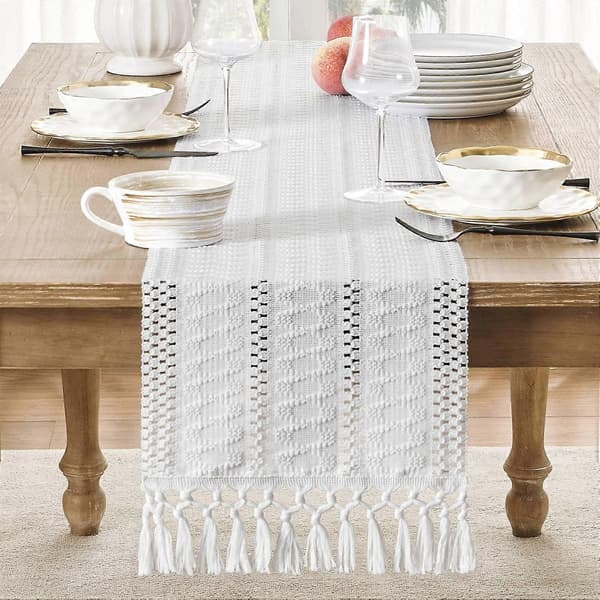 Macrame Boho Bordløber, Hvide Bordløbere 91 cm Lange, Bondegårdsstil