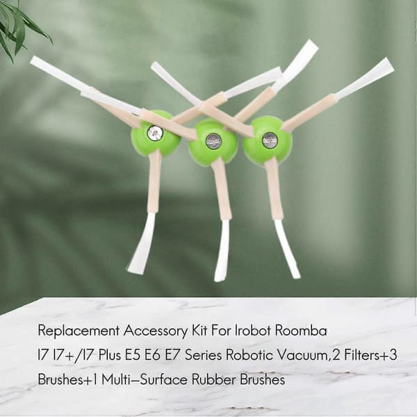 Erstatningstilbehørssett for iRobot Roomba i7 i7+/i7 Plus E5 E6 E7-serien robotstøvsuger, 2 filtre + 3 børster + 1 multi-overflate gummibørste