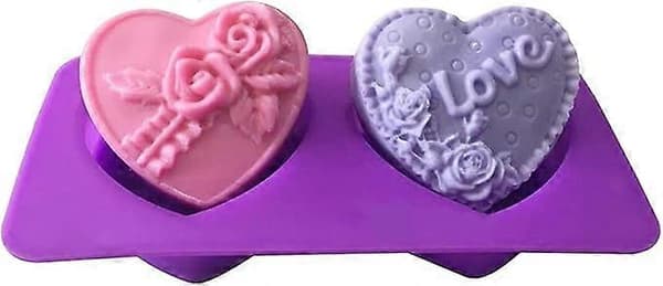 Hjertesæbeforme, Silikoneform med indlejret rose og 'Love'-tekst 2pcs