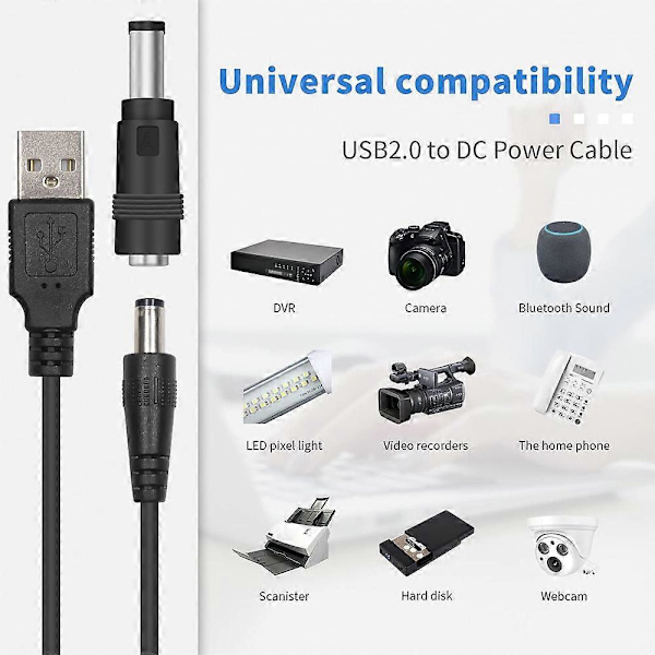 5V DC 5.5 2.1mm Jack Ladekabel Strømledning, USB til DC Strømkabel