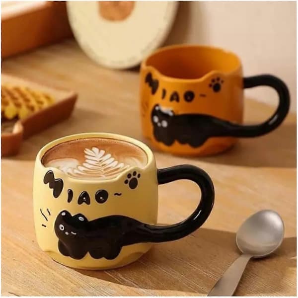 Kattemotiv stablebare kaffekopper, søte og stablebare keramiske dyrekaffekopper. Brown