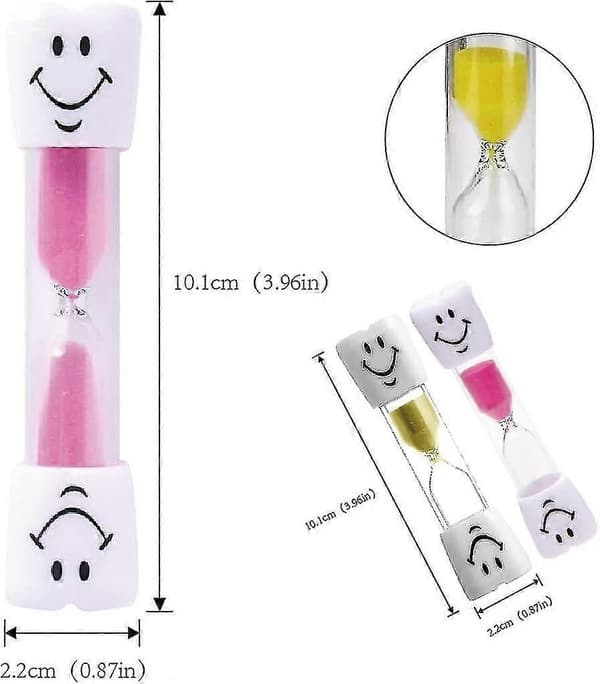 Två timglas, tandborsttimer med smiley-ansikte, 3-minuters timglas