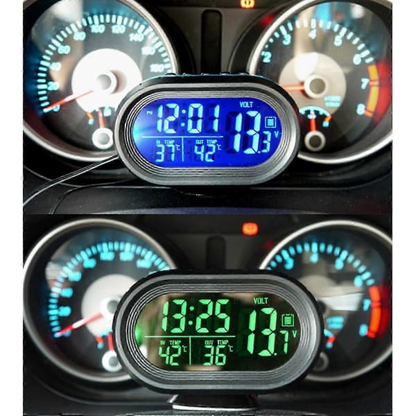 Bilklocka, termometer och voltmeter kombinerad green