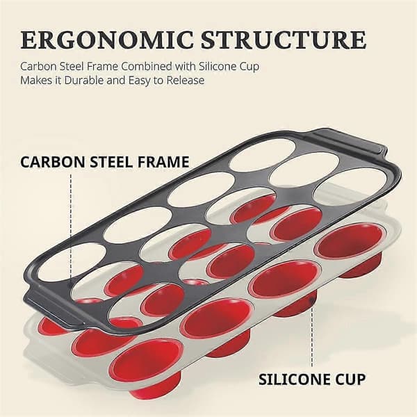 Silikon Muffinsform med Metallramme, Egg Bite Maker Silikonformer for Baking, Cupcake Former 12 Vanlig Størrelse Rød
