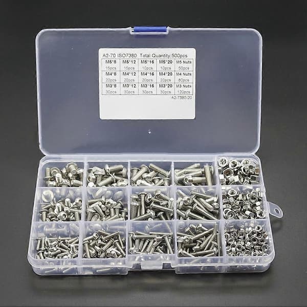 500 stk. M3 M4 M5 Rustfrit Stål Knaphoved Hex Socket Cap Bolte Skruer Møtrikker Sæt