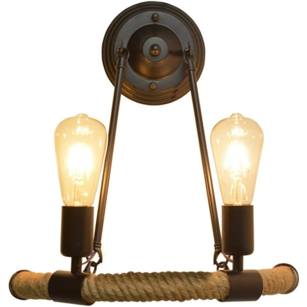 GOECO Vägglampa Retro Hamp Rep, 2x E27, Svart (glödlampa ingår ej)