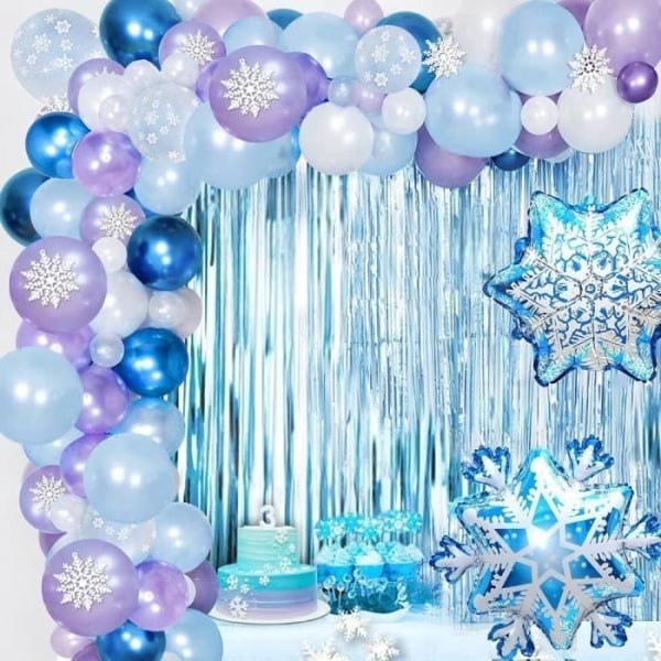 Fryst flickfödelsedagsdekoration blå vit lila snöballonggirland för flickfödelsedagsfest