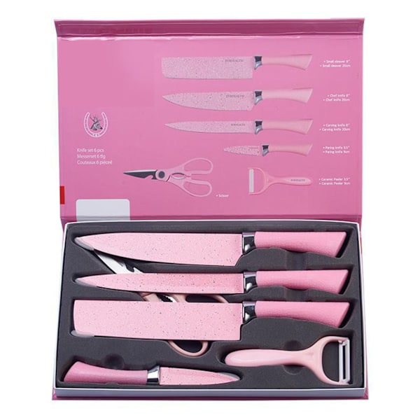 Colorful 6 Piece Knife Set Stainless Steel Practical Kitchen Knife Set with Ergonomic Handle for Cutting Pink