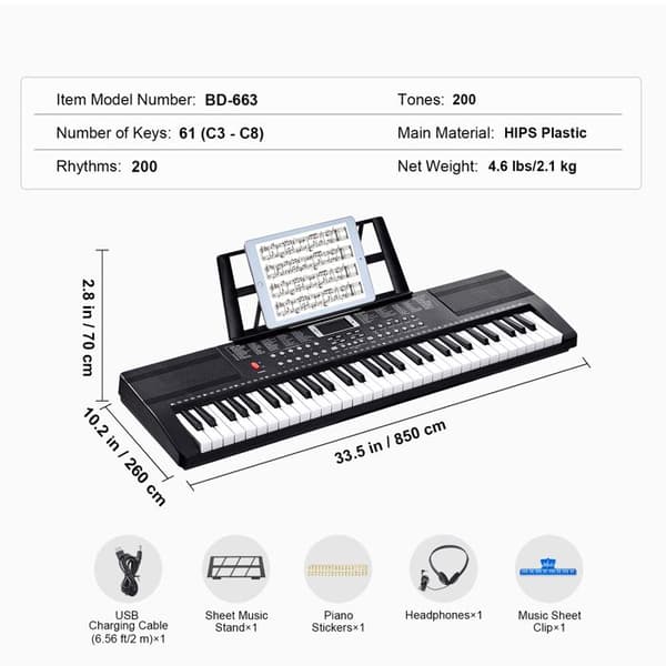 Digitalpiano - DUOKU - BD-663 - 61 tangenter - 200 ljud - 200 rytmer