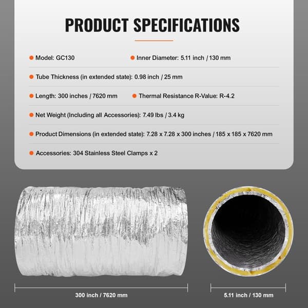 Ventilationsrör - DUOKU - GC130 - Isolerad Flexibel 127 mm - Längd 7,62 m - 2 Spännband
