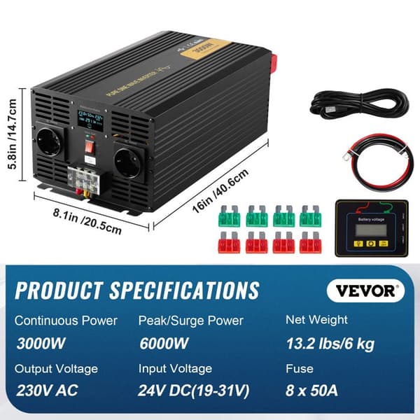 Bilomvandlare - DUOKU - TP-3000W - 3000 W - Sinusvågsinverter - 4 EU-uttag