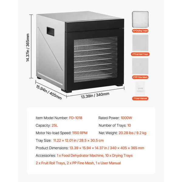 Maddehydrator - DUOKU - FD-1018 - 10 Hylder - 1000W - Justerbar Temperatur