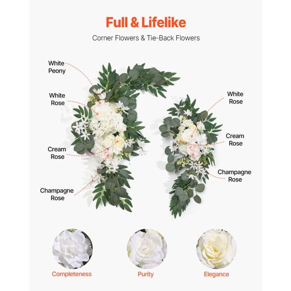 Kit för Konstgjorda Blommor-Duoku-för Bröllopsbåge-Vit Bröllopsbåge med Gardiner-2 Blomsterarrangemang-1 Gardin
