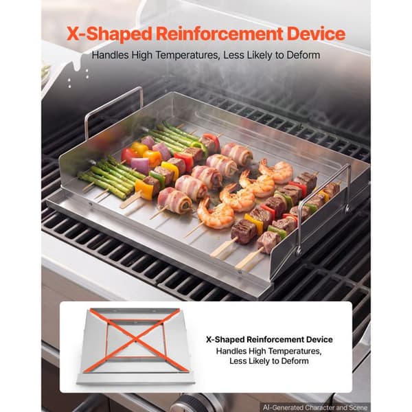 Grillplåt i rostfritt stål för barbecue - Duoku - Rektangulär stekpanna 46x41 cm, passar för gaskök, slät yta