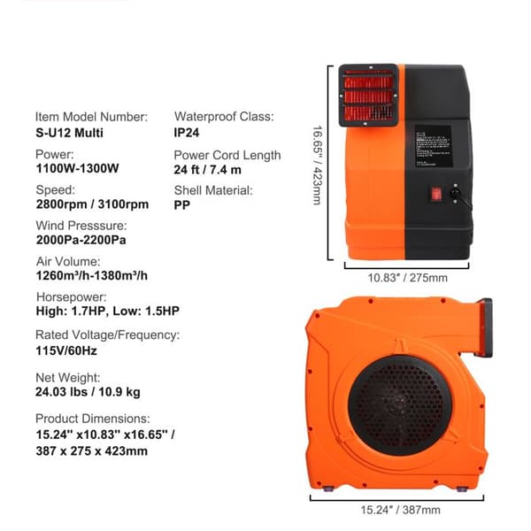Blæser - DUOKU - S-U11 Multi - 1100W - 770 m³/h - Robust til Oppustelige Slotte
