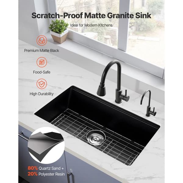 Køkkenvask - DUOKU - Under mount model - Sort granit - 76,2 cm - 1 enkelt rum Svart