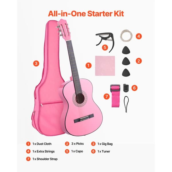 Klassisk Gitarr - DUOKU - M5831 - 96 cm - Lind - Färg Rosa Ros