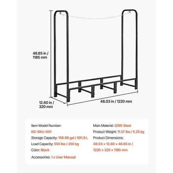 Range-Bûches Udendørs-Duoku-122x32x118,5 cm i Sort Metal til Pejs og Have, Belastningsevne 250 kg, med Tilbehør