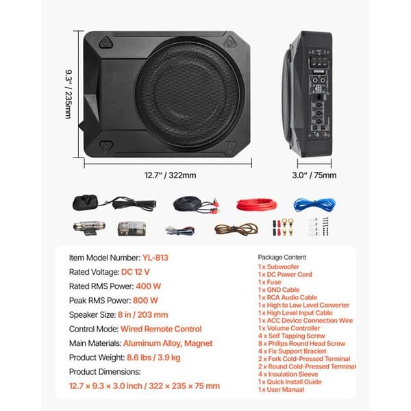 Bassekasse - DUOKU - YL-813 - 8 tommer - 800W - Forstærket - Kablet