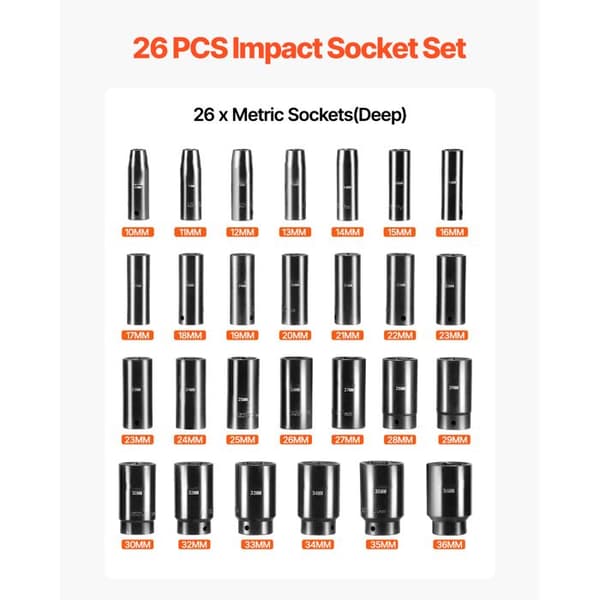 Chock Socket Set-Duoku-1/2" 26 Delar-Deep Socket-6 Hörn--Metrisk 10 mm-36 mm-Robust Konstruktion-med Förvaringsbur