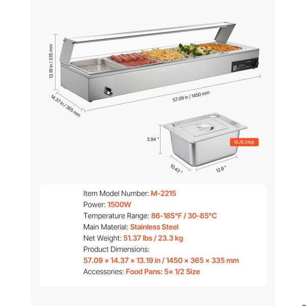 Elektrisk Dampvarmer 1500 W-Duoku-Buffetvarmer i Rustfrit Stål, Ideel til Selvbetjeningsbuffeter