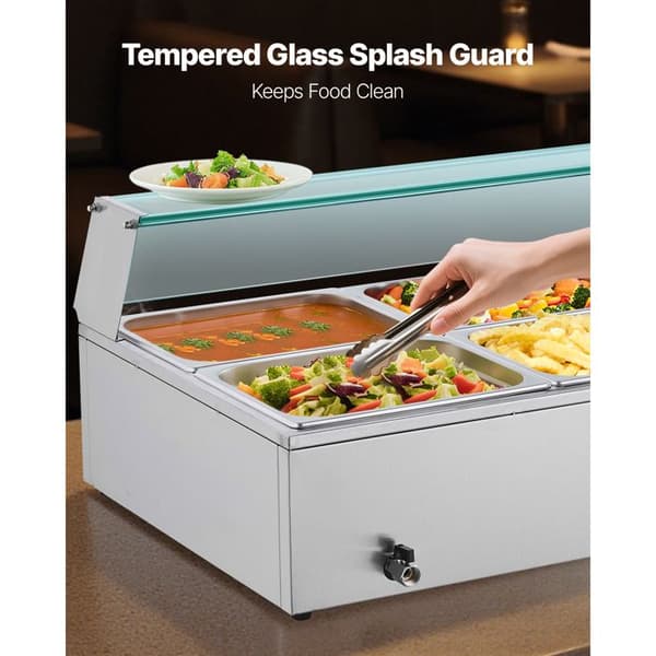 Elektrisk Dampvarmer 1500 W-Duoku-Bain-marie i Rustfrit Stål med 6 1/2 Bakkes, Glaslåg