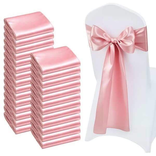 Set med 100 eleganta satinsstolsnoder i rosa - Duoku - 17 x 275 cm - för att dekorera stolar vid bröllop