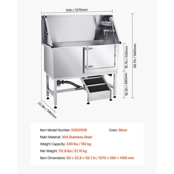 Vaskestation til dyr - DUOKU - K2E01010 - Rustfrit stål 304 - 127 cm - Skridsikker rampe Pengar