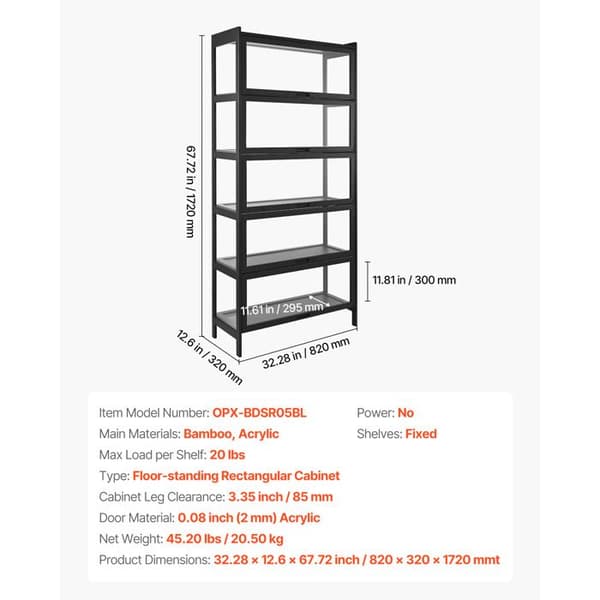 Vitrine til samling - DUOKU - OPX-BDSR05BL - 5 niveauer - Translucente akryl døre - 82×32×172 cm Svart