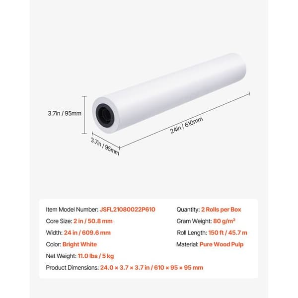 Hvid Tegnepapir Rulle-Duoku-Stort Format 609,6 mm x 45,7 m-Sæt med 2 Ruller til CAD Plotter, Kerne på 50,8 mm