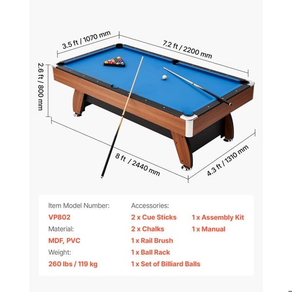 Billardbord - DUOKU - VP802 - 244 cm - Justerbare ben - Komplet tilbehørssæt