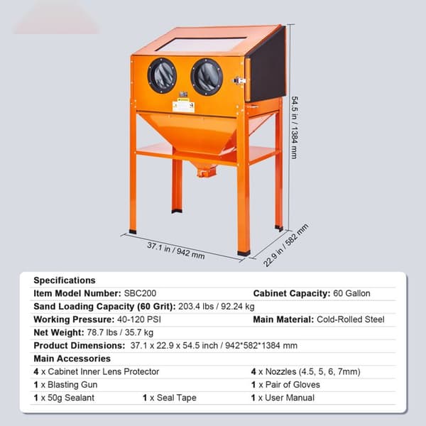 Sandblästringskåp - DUOKU - SBC200 - 60 gallons (227 L) - Kallvalsat stål - 40–120 PSI