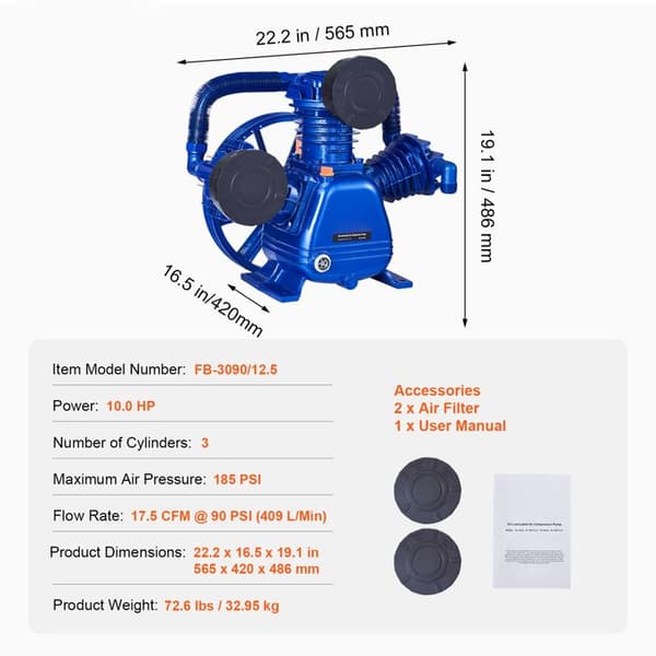 Kompressor - DUOKU - Pumpehoved 10HP - 17,5cfm - 90psi - 3 Cylinder Smurt