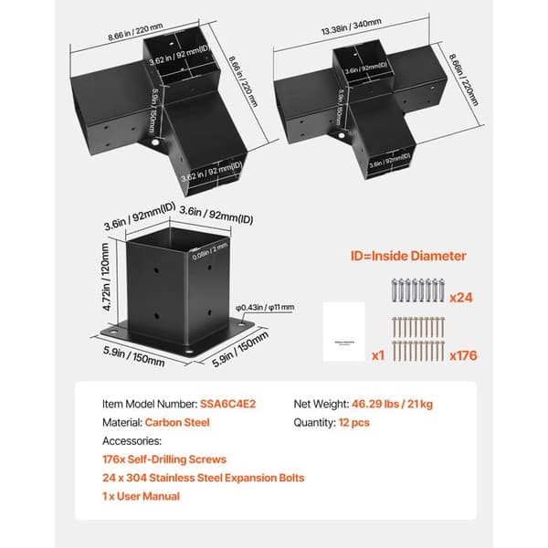 Støtter til Pergola - DUOKU - SSA6C4E2 - Kulstofstål - 12 stykker - 92x92 mm Svart